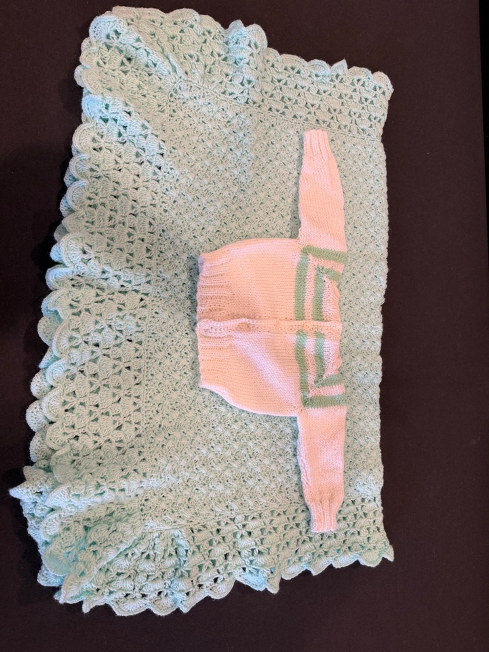 Handmade Baby Blanket with Cozy Knit Sweater Set - Mint & white